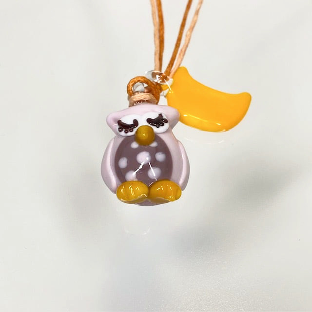 ベネチアンガラス ペンダントネックレス お月様とお眠むなフクロウ ピンク - 画像 (3)