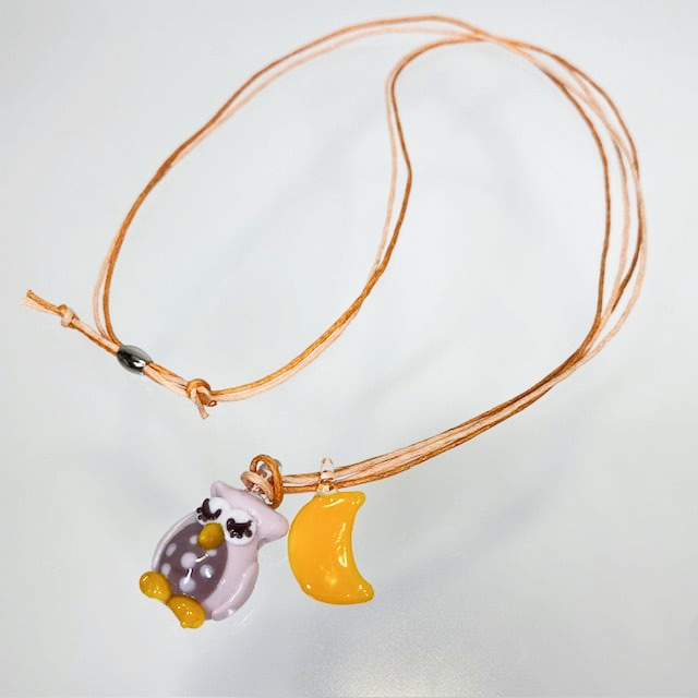 ベネチアンガラス ペンダントネックレス お月様とお眠むなフクロウ ピンク - 画像 (6)