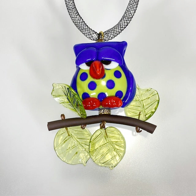 ベネチアンガラス ペンダントネックレス チョット不機嫌なフクロウ 青