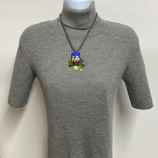 ベネチアンガラス ペンダントネックレス チョット不機嫌なフクロウ 青 - 画像 (2)