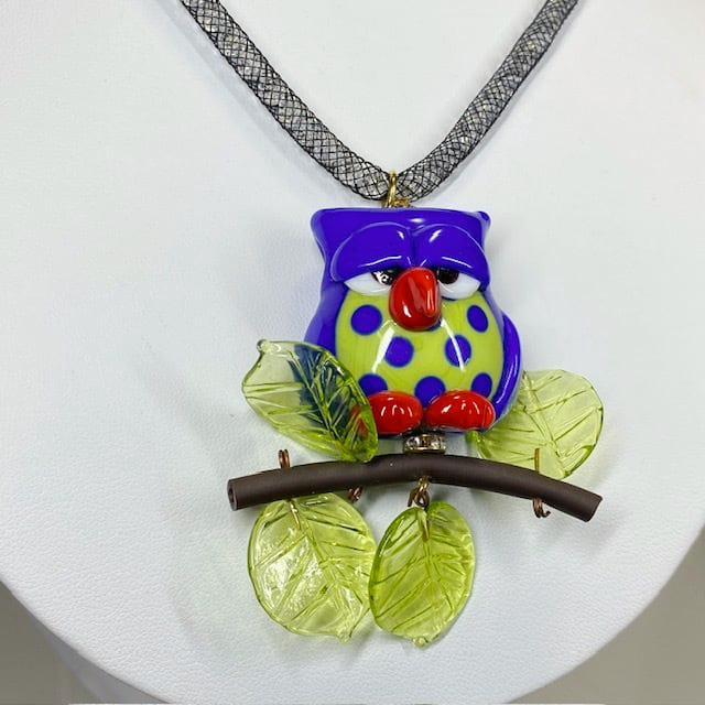 ベネチアンガラス ペンダントネックレス チョット不機嫌なフクロウ 青 - 画像 (4)