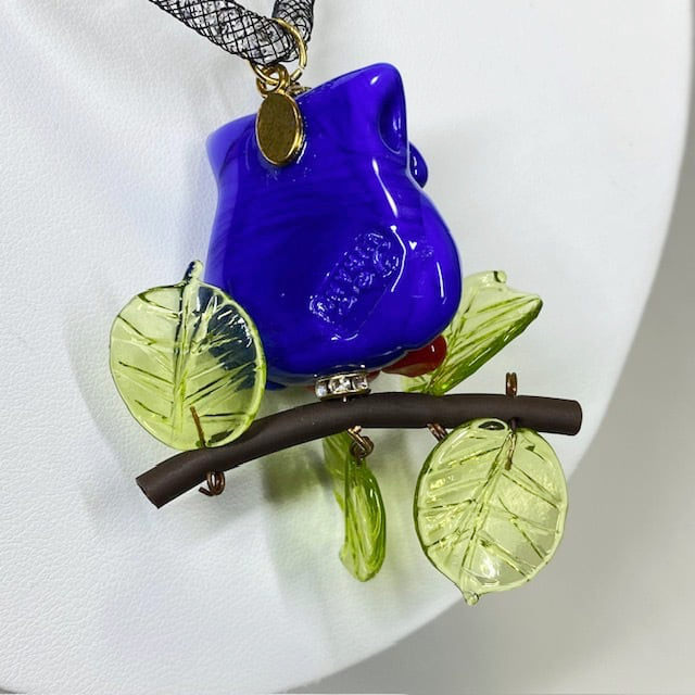 ベネチアンガラス ペンダントネックレス チョット不機嫌なフクロウ 青 - 画像 (6)