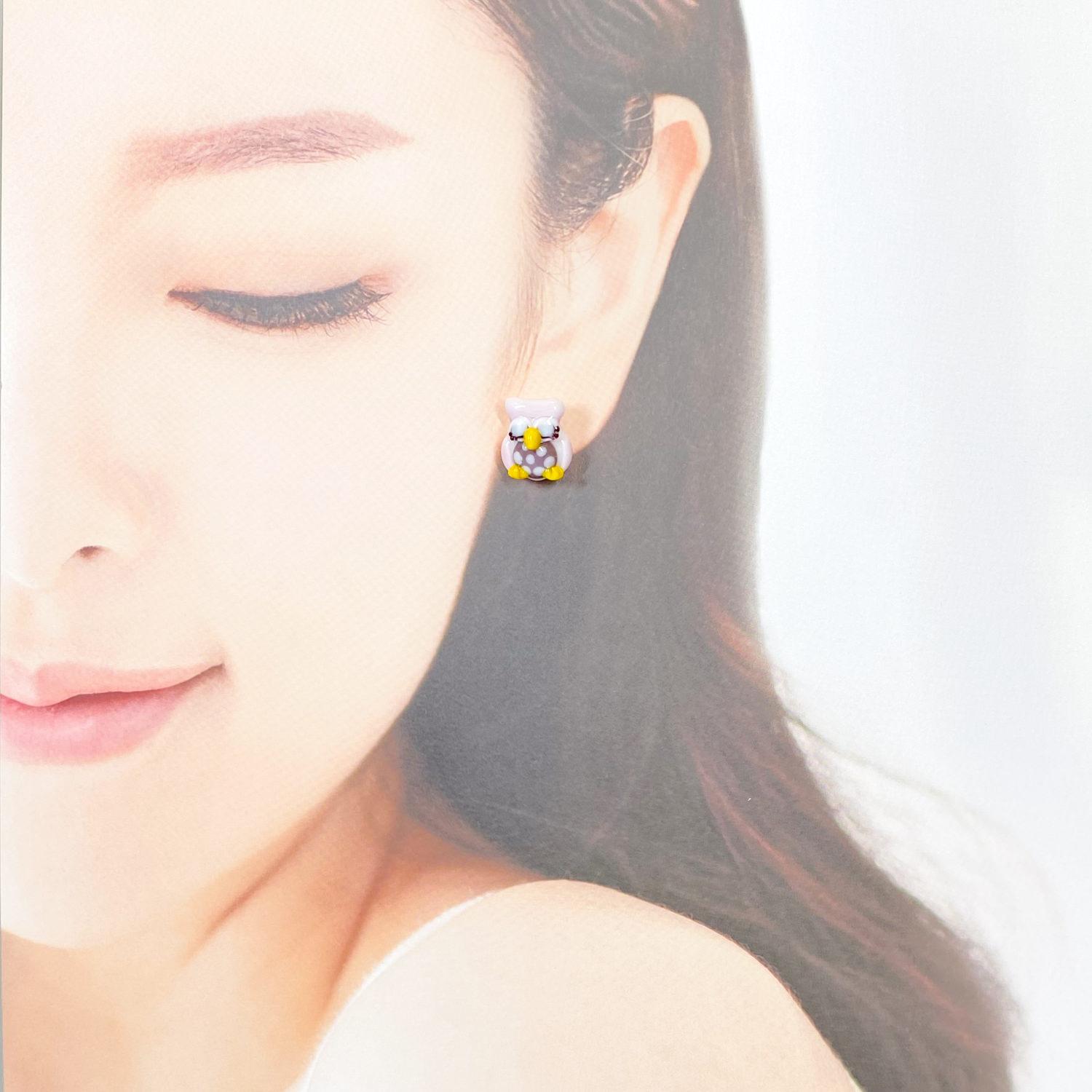 ベネチアンガラス ピアス(ポスト) お月様とお眠むなフクロウ ピンク - 画像 (5)