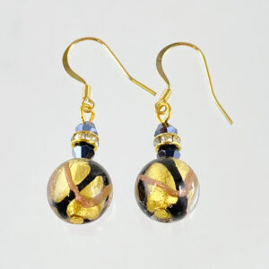 ベネチアンガラス  ボールピアス（フック）　24金箔　黒