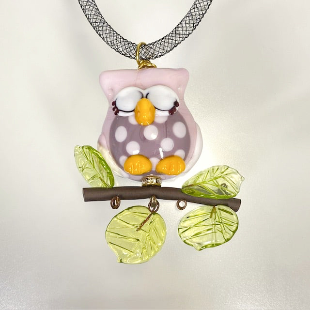 ベネチアンガラス ペンダントネックレス お眠むなフクロウ ピンク