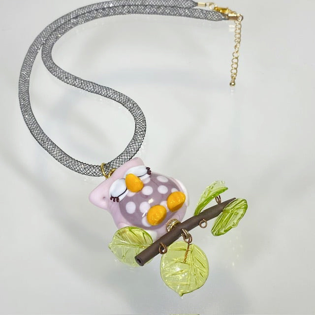 ベネチアンガラス ペンダントネックレス お眠むなフクロウ ピンク - 画像 (3)